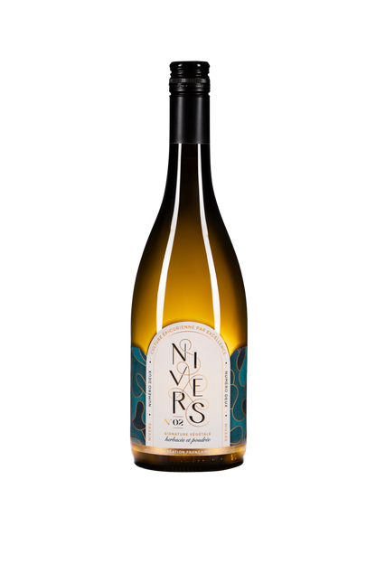 A bottle of Nivers 02 non -alcoholic cuvée of Grand cru Green Tea from Oita Japan, French Verjus, Kombucha culture with a black screw cap and a cream-colored label featuring teal and gold botanical patterns.