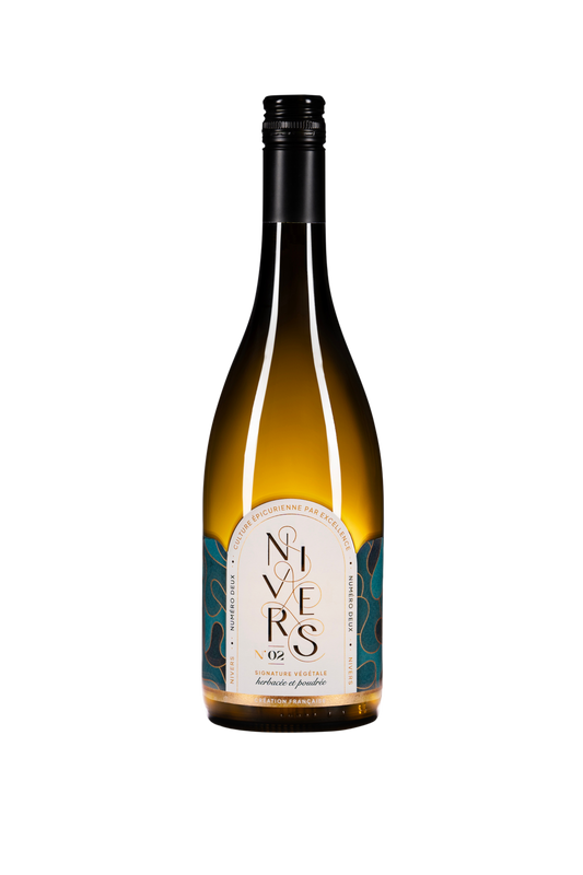 A bottle of Nivers 02 non -alcoholic cuvée of Grand cru Green Tea from Oita Japan, French Verjus, Kombucha culture with a black screw cap and a cream-colored label featuring teal and gold botanical patterns.