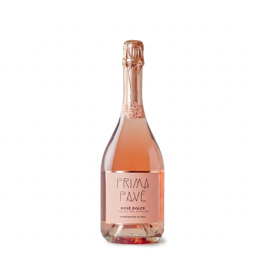 A bottle of Prima Pavé Rosé Dolce alcohol free sparkling wine, set against a plain white background. perfect for 0.0 occasions like baby showers, weddings, dinner parties or quiet nights at home. halal certified